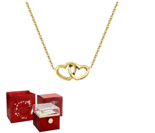 Simple s925 Silver 18k gold vacuum Electroplated Rose gold Double heart Engraved necklace (necklace + jewelry box)